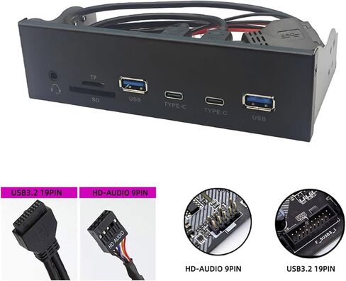 لوحة USB3.2 Gen1 مقاس 5.25 بوصة للحافظة مع فتحة USB3.0 مزدوجة من النوع C وفتحة قارئ بطاقات لسطح المكتب مقاس 5.25 بوصة ملحقات علبة الكمبيوتر in Kuwait