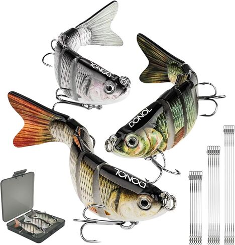 DONQL 3 Pcs Multi Jointed Fishing Lures, Jointed Swimbaits with 15pcs Fishing Leaders, Slow Sinking Bionic Swimming Lures for Panfish Trout Bass Lifelike Fishing Lures Topwater Freshwater Saltwater in Kuwait