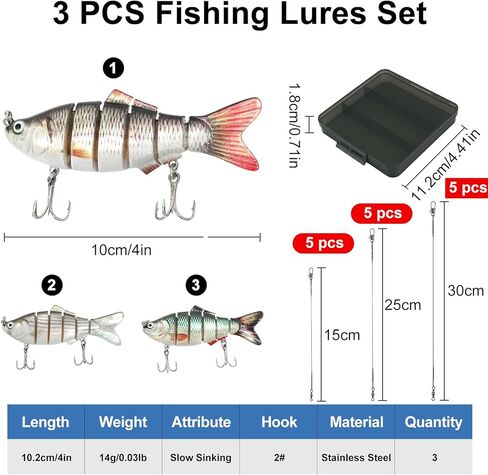 DONQL 3 Pcs Multi Jointed Fishing Lures, Jointed Swimbaits with 15pcs Fishing Leaders, Slow Sinking Bionic Swimming Lures for Panfish Trout Bass Lifelike Fishing Lures Topwater Freshwater Saltwater in Kuwait