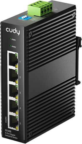 محول الشبكة الصناعية Cudy 5 منافذ جيجابت، محول DIN-Rail بتصنيف IP40، حماية عكسية قطبية، حماية من الدائرة القصيرة، تشغيل/إيقاف منع عاصفة البث، IG1005 in Kuwait