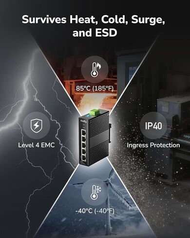 محول الشبكة الصناعية Cudy 5 منافذ جيجابت، محول DIN-Rail بتصنيف IP40، حماية عكسية قطبية، حماية من الدائرة القصيرة، تشغيل/إيقاف منع عاصفة البث، IG1005 in Kuwait