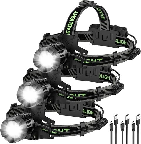 Rechargeable Headlamp 3 Pack, 99,000 Lumens Super Bright Head Lamp with 3 Modes, 90° Adjustable LED Head Light for Forehead, IPX6 Waterproof Headlamps for Adults,Camping,Hiking in Kuwait