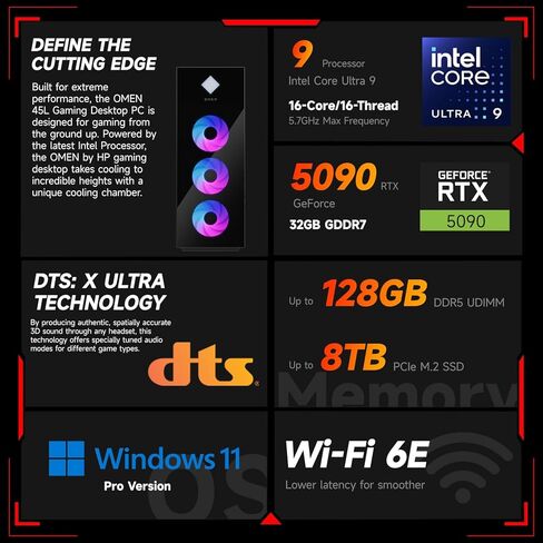 كمبيوتر مكتبي HP OMEN 45L Gaming 5090، Intel Core Ultra 9 285K، GeForce RTX 5090، 64 جيجابايت DDR5، 2 تيرابايت SSD، يدعم 4 شاشات 4K، Light Studio، HDMI، DP، Wi-Fi 6E، Windows 11 Pro، سطح مكتب محطة عمل AI-Ready in Kuwait