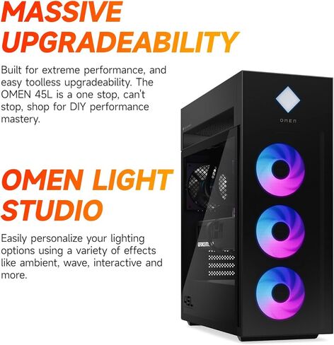 كمبيوتر مكتبي HP OMEN 45L Gaming 5090، Intel Core Ultra 9 285K، GeForce RTX 5090، 64 جيجابايت DDR5، 2 تيرابايت SSD، يدعم 4 شاشات 4K، Light Studio، HDMI، DP، Wi-Fi 6E، Windows 11 Pro، سطح مكتب محطة عمل AI-Ready in Kuwait