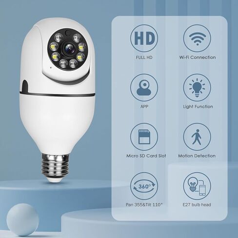 Light Bulb Security Camera, E27 Socket WiFi Camera Indoor, 360° Panoramic Home Surveillance Monitor with Full Color Night Vision, Two-Way Audio, Motion Tracking (2.4GHz WiFi Only) in Kuwait