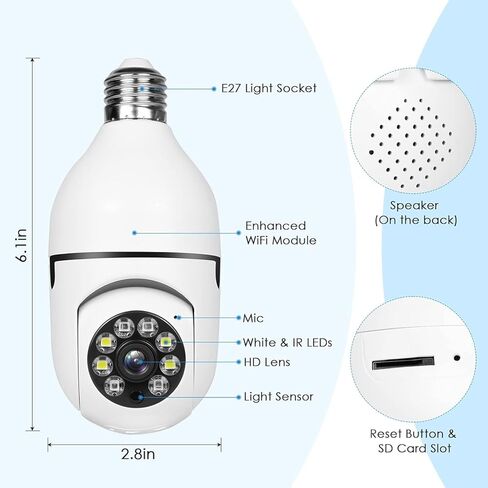 Light Bulb Security Camera, E27 Socket WiFi Camera Indoor, 360° Panoramic Home Surveillance Monitor with Full Color Night Vision, Two-Way Audio, Motion Tracking (2.4GHz WiFi Only) in Kuwait
