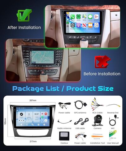 راديو سيارة 4G+128G Android 15 لسيارة Mercedes Benz E Class W211 E200 CLS E320 E500 E350 W219 2002-2009 Wireless Carplay Android Auto، شاشة 9 بوصة داخل الخلية ستيريو GPS/Bluetooth 5.0/FM/EQ/Wi-Fi كاميرا احتياطية in Kuwait