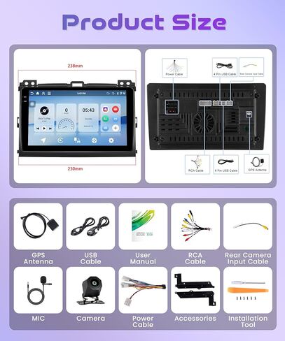 ستيريو سيارة Rimoody 4G+128G لسيارة Toyota Land Cruiser Prado 2004-2009 Lexus GX470 Wireless CarPlay Android Auto، راديو السيارة Android 9 بوصة شاشة تعمل باللمس/GPS/بلوتوث/FM RDS/EQ/Wi-Fi/مرآة، كاميرا خلفية in Kuwait
