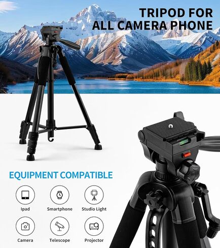 72'' Camera Tripod, Aluminum Lightweight Portable Tripods Stand with Carry Bag, Professional Travel Complete Tripod for DSLR Cellphone Live Streaming Vlog in Kuwait