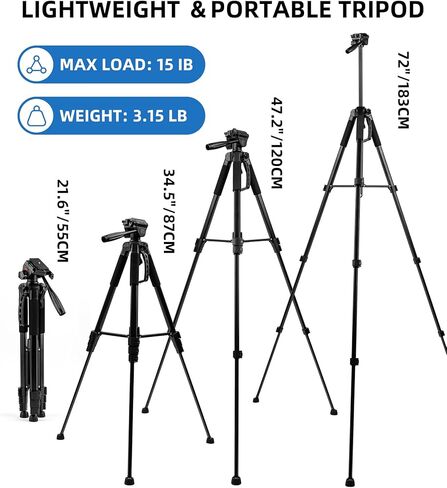 72'' Camera Tripod, Aluminum Lightweight Portable Tripods Stand with Carry Bag, Professional Travel Complete Tripod for DSLR Cellphone Live Streaming Vlog in Kuwait