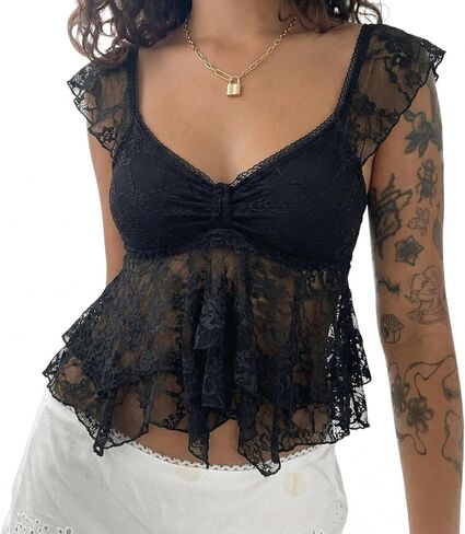 Women Lace Babydoll Tank Top Cap Sleeve انظر من خلال صيف Y2K الخروج من قمم المحاصيل Coquette Coquette in Saudi Arabia