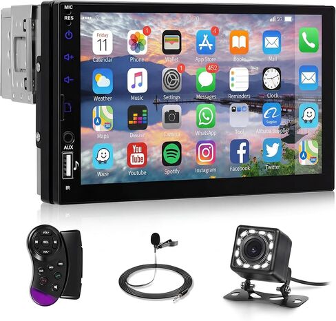 ستيريو سيارة أحادي الدين مع CarPlay Android Auto، شاشة LCD تعمل باللمس 7 بوصة، راديو سيارة بلوتوث/MirrorLink/FM/EQ/USB/SWC/Type-C شحن + كاميرا احتياطية in Kuwait
