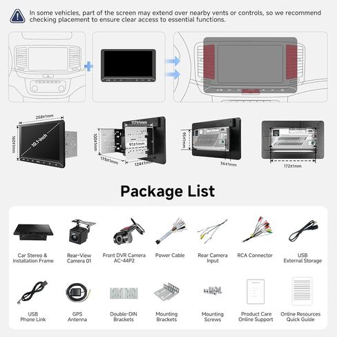 ATOTOZONE A5L 10.1 بوصة ستيريو سيارة Android مزدوج Din، CarPlay لاسلكي/Android Auto، كاميرا احتياطية LRV وكاميرا DVR 1080P، WiFi/Bluetooth/USB، 2+32 جيجابايت، 24B EQ&DSP/FM، MirrorLink، دردشة AI وتتبع GPS in Kuwait