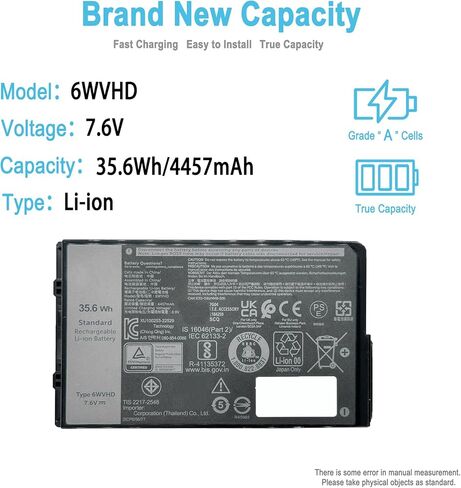 بطارية كمبيوتر محمول بديلة 35.6Wh 6WVHD لجهاز Dell Pro Rugged 12 RA02260 (2025) Latitude 7230 Rugged Extreme Tablet T06H T06H001 Series FNW8F 451-BDDY 0VDDJY VDDJY 0JM6CX JM6CX 7.6V 4457mAh in Kuwait