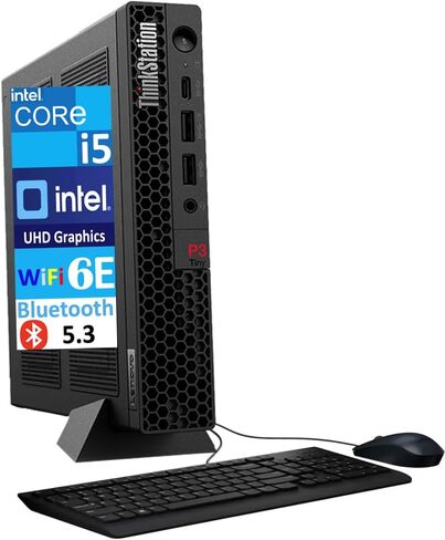 كمبيوتر مكتبي صغير Lenovo ThinkStation P3 Tiny Workstation (Intel i5-13500، Intel UHD 770 Shared، 64 جيجا DDR5، 1 تيرابايت PCIe SSD، WiFi 6E، RJ-45، BT 5.3، HDMI، Win 11 Pro) مع لوحة مفاتيح USB وماوس USB in Kuwait