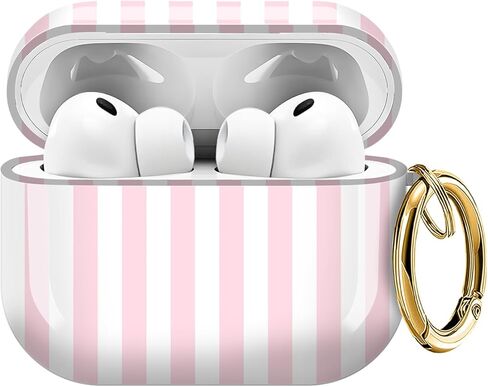Compatible with AirPods Pro 3 (2025) Case Soft TPU with Cute Golden Keychain Cover Leopard Paint Case for Girls Women for Airpod Pro 3 - Pink Vertical Stripes in Kuwait