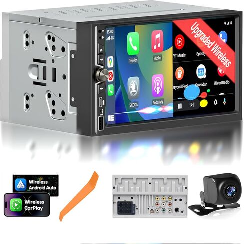 ستيريو سيارة مزدوج الدين مقاس 7 بوصات مع جهاز استقبال صوت لاسلكي Apple CarPlay Android Auto Car Play راديو - 240 وات 16 نطاق EQ AHD كاميرا احتياطية شحن سريع مجموعة تثبيت كاملة in Kuwait