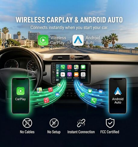 ستيريو سيارة مزدوج الدين مقاس 7 بوصات مع جهاز استقبال صوت لاسلكي Apple CarPlay Android Auto Car Play راديو - 240 وات 16 نطاق EQ AHD كاميرا احتياطية شحن سريع مجموعة تثبيت كاملة in Kuwait