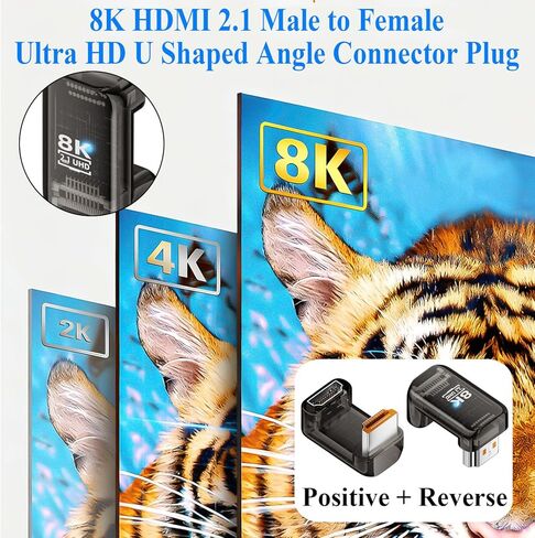 QIANRENON U Shaped Angle HDMI 2.1 DisplayPort Adapter Plug 8K HDMI Male to Female 180 Degree Ultra HD Connector 3D/HDR Transparent Casing, for HDTV Monitor Projector, 2Pcs (1 Positive+1 Reverse) in Kuwait