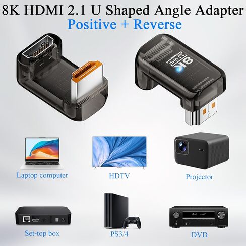 QIANRENON U Shaped Angle HDMI 2.1 DisplayPort Adapter Plug 8K HDMI Male to Female 180 Degree Ultra HD Connector 3D/HDR Transparent Casing, for HDTV Monitor Projector, 2Pcs (1 Positive+1 Reverse) in Kuwait