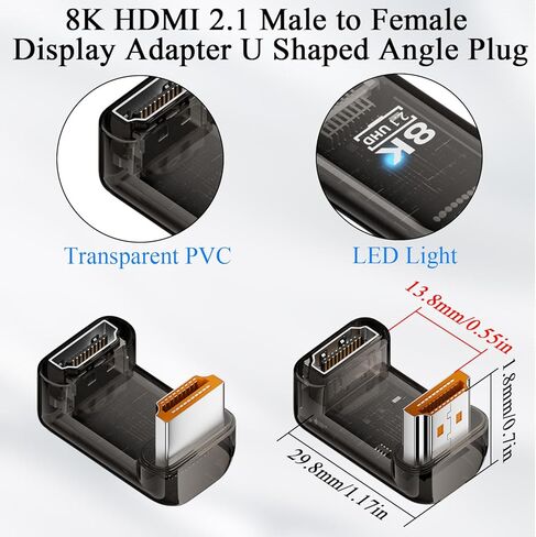 QIANRENON U Shaped Angle HDMI 2.1 DisplayPort Adapter Plug 8K HDMI Male to Female 180 Degree Ultra HD Connector 3D/HDR Transparent Casing, for HDTV Monitor Projector, 2Pcs (1 Positive+1 Reverse) in Kuwait