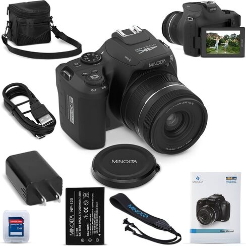 Minolta ProShot 64MP Camera – 10x Optical Zoom, 4K UHD Video, Macro, Anti-Shake, 3" LCD, Face Detection w/32GB SD, Battery & Case (Black) (Renewed) in Kuwait