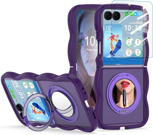 مصمم لهاتف Samsung Galaxy Z Flip 7، جراب بمسند مغناطيسي وواقي شاشة ومرآة مكياج لهاتف Z Flip 7، غطاء هاتف واقٍ نحيف للنساء والفتيات (وردي) in Kuwait