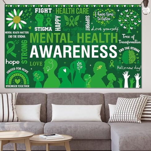 Mental Health Awareness Month Photo Booth Backdrop Green Ribbon May Motivational Decoration School Classroom Background Banner Wall Decor in Kuwait