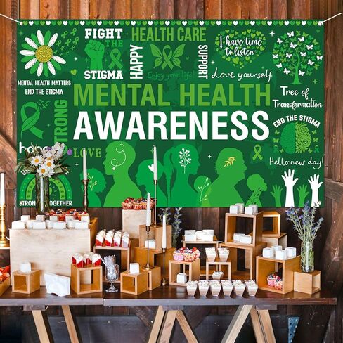 Mental Health Awareness Month Photo Booth Backdrop Green Ribbon May Motivational Decoration School Classroom Background Banner Wall Decor in Kuwait