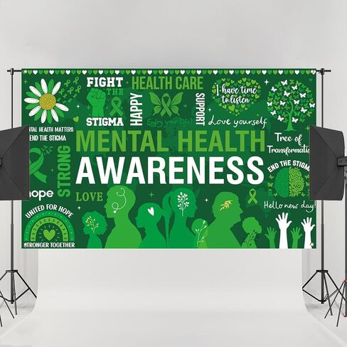 Mental Health Awareness Month Photo Booth Backdrop Green Ribbon May Motivational Decoration School Classroom Background Banner Wall Decor in Kuwait