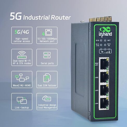InHand Networks IR624 جهاز التوجيه الخلوي 5G الصناعي | وصلة هابطة بسرعة 3.4 جيجابت في الثانية، تجاوز فشل بطاقة SIM المزدوجة، 4X جيجابت إيثرنت، Wi-Fi 5، أمان VPN، إدارة سحابية لإنترنت الأشياء، مصنع ذكي، مراقبة عن بعد in Kuwait
