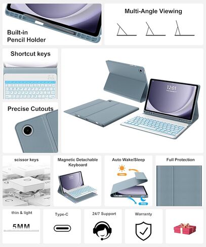 Backlit Keyboard Case for Samsung Galaxy Tab A9 Plus 11 Inch 2023, Detachable Keyboard for Galaxy A9+ Plus with Pen Holder, Backlight Keypad Cover for Samsung Tab 11'' SM-X210/X216/X218, Blue in Kuwait