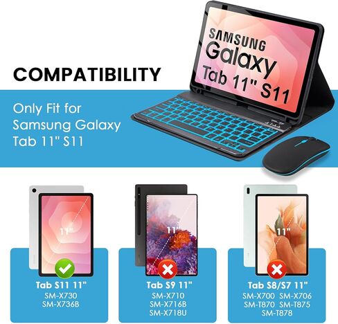 حافظة لوحة مفاتيح بإضاءة خلفية من SOPPY مع ماوس لجهاز Samsung Galaxy Tab S11-11 بوصة 2025 (SM-X730، SM-X736، SM-X736B)، غطاء نحيف مع لوحة مفاتيح لاسلكية قابلة للفصل لجهاز Galaxy Tab A9 Plus 11 بوصة، أسود in Kuwait