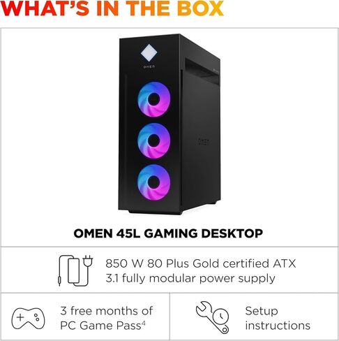 HP. كمبيوتر مكتبي للألعاب OMEN 45L GT22 - معالج Intel Core Ultra 9 285K حتى 5.7 جيجا هرتز، وذاكرة وصول عشوائي DDR5 سعة 192 جيجا بايت، ومحرك أقراص NVMe SSD سعة 4 تيرابايت، وNVIDIA GeForce RTX 5070، وتبريد سائل، وإضاءة RGB، ومساعد الذكاء الاصطناعي، ونظام ال in Kuwait