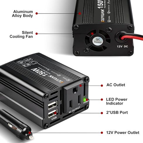 150 واط عاكس الطاقة تيار مستمر 12 فولت إلى 110 فولت التيار المتناوب محول السيارة مع 2 منافذ USB 3.1A شحن سريع سيارة محول القابس منفذ للهاتف المحمول in Kuwait