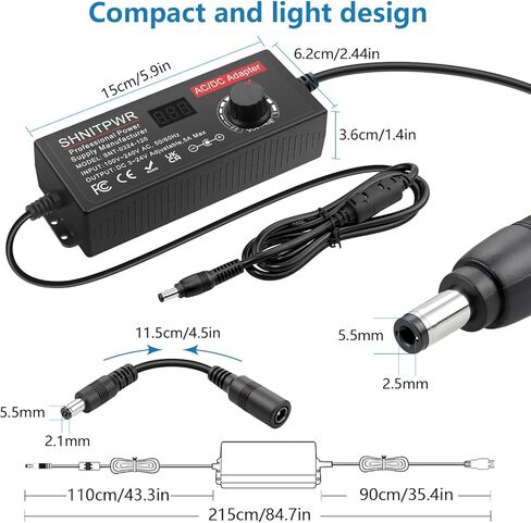 SHNITPWR 120W مصدر طاقة قابل للتعديل متغير DC 4V-24V 5A محول AC / DC عالمي 100-240V AC إلى DC محول مع شاشة LED، 16 نصيحة، مقاطع التمساح، سلاسل ضفيرة DC، لشريط LED، الكاميرا، CCTV in Kuwait