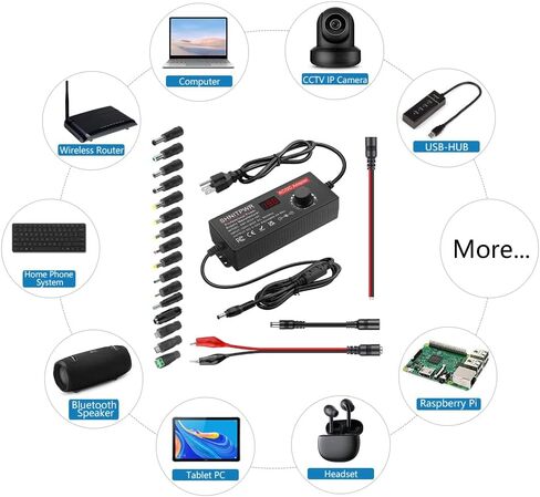 SHNITPWR 120W مصدر طاقة قابل للتعديل متغير DC 4V-24V 5A محول AC / DC عالمي 100-240V AC إلى DC محول مع شاشة LED، 16 نصيحة، مقاطع التمساح، سلاسل ضفيرة DC، لشريط LED، الكاميرا، CCTV in Kuwait