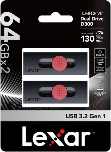Lexar® JumpDrive® D300 USB 3.2 محرك أقراص مزدوج مع USB-C® وUSB-A، عبوتان (64 جيجابايت) in Kuwait