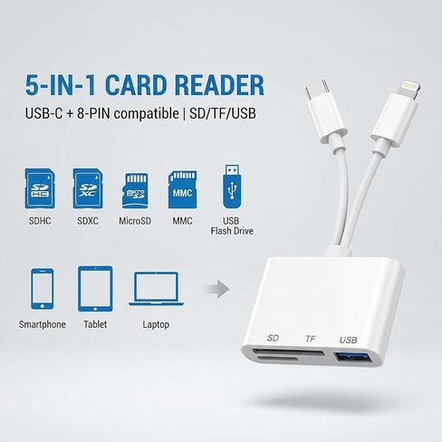قارئ بطاقة SD لجهاز iPhone iPad، قارئ بطاقة ذاكرة USB C 5 في 1 مع موصل متوافق مع USB-C و8 دبابيس، محول مزدوج المنفذ SD/Micro SD/USB 3.0، تشغيل التوصيل لصور الكاميرا in Kuwait