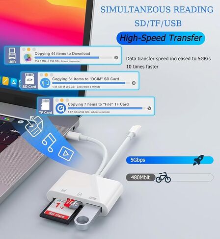 قارئ بطاقة SD لجهاز iPhone iPad، قارئ بطاقة ذاكرة USB C 5 في 1 مع موصل متوافق مع USB-C و8 دبابيس، محول مزدوج المنفذ SD/Micro SD/USB 3.0، تشغيل التوصيل لصور الكاميرا in Kuwait