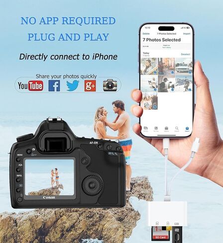 قارئ بطاقة SD لجهاز iPhone iPad، قارئ بطاقة ذاكرة USB C 5 في 1 مع موصل متوافق مع USB-C و8 دبابيس، محول مزدوج المنفذ SD/Micro SD/USB 3.0، تشغيل التوصيل لصور الكاميرا in Kuwait
