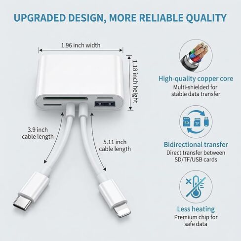 قارئ بطاقة SD لجهاز iPhone iPad، قارئ بطاقة ذاكرة USB C 5 في 1 مع موصل متوافق مع USB-C و8 دبابيس، محول مزدوج المنفذ SD/Micro SD/USB 3.0، تشغيل التوصيل لصور الكاميرا in Kuwait
