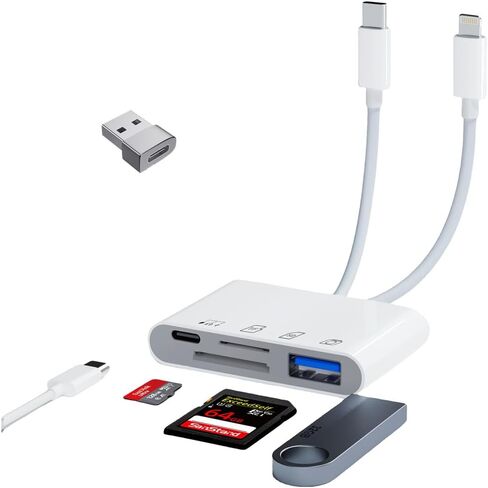 قارئ بطاقة SD 4 في 1 لجهاز iPhone iPad Mac، USB-C + Lightning + USB 3.0 OTG محول، كاميرا عالية السرعة SD/TF عارض بطاقة الذاكرة، نقل الصور للتخزين الخارجي، التوصيل والتشغيل لأجهزة iOS/Android/PC in Kuwait