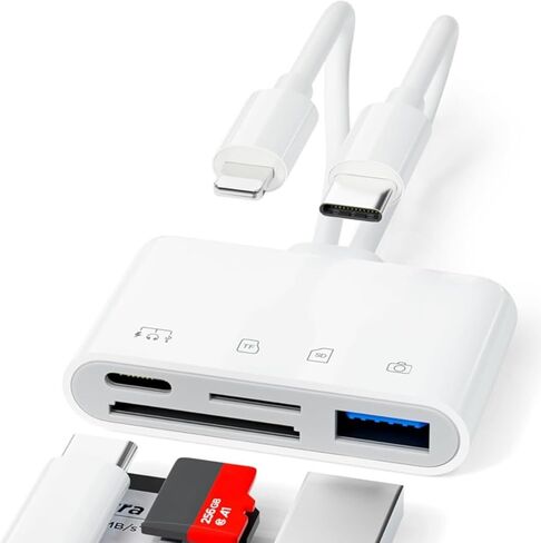 قارئ بطاقة SD 4 في 1 لجهاز iPhone iPad Mac، USB-C + Lightning + USB 3.0 OTG محول، كاميرا عالية السرعة SD/TF عارض بطاقة الذاكرة، نقل الصور للتخزين الخارجي، التوصيل والتشغيل لأجهزة iOS/Android/PC in Kuwait