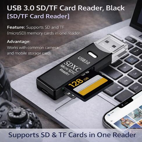 USB 3.0 SD/TF Card Reader, High-Speed Memory Card Reader Adapter, Plug and Play for Camera SD Cards, TF microSD, Laptop Desktop PC, Black in Kuwait