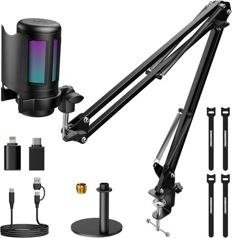USB Gaming Microphone Kit, RGB Condenser Mic with Mute, Gain, Monitoring Adjustable Boom Arm Stand, Pop Filter, for Streaming, Podcasting, PC Gaming, YouTube, Compatible with PS4/PS5/Windows/Mac in Kuwait