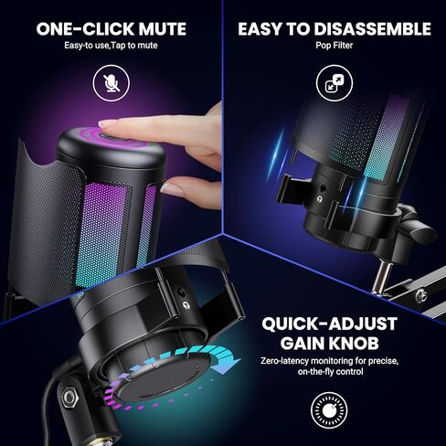 USB Gaming Microphone Kit, RGB Condenser Mic with Mute, Gain, Monitoring Adjustable Boom Arm Stand, Pop Filter, for Streaming, Podcasting, PC Gaming, YouTube, Compatible with PS4/PS5/Windows/Mac in Kuwait