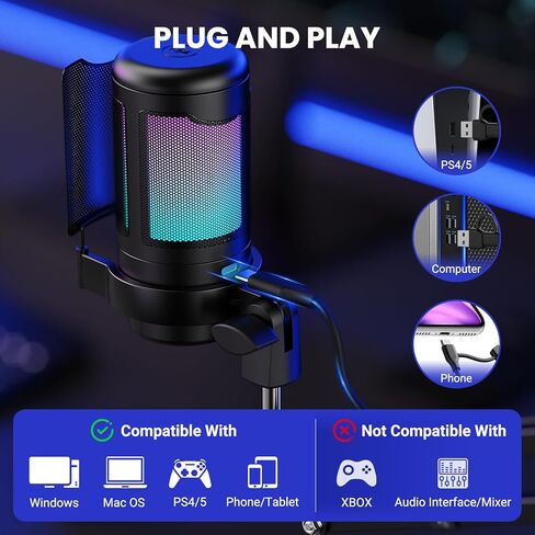 USB Gaming Microphone Kit, RGB Condenser Mic with Mute, Gain, Monitoring Adjustable Boom Arm Stand, Pop Filter, for Streaming, Podcasting, PC Gaming, YouTube, Compatible with PS4/PS5/Windows/Mac in Kuwait