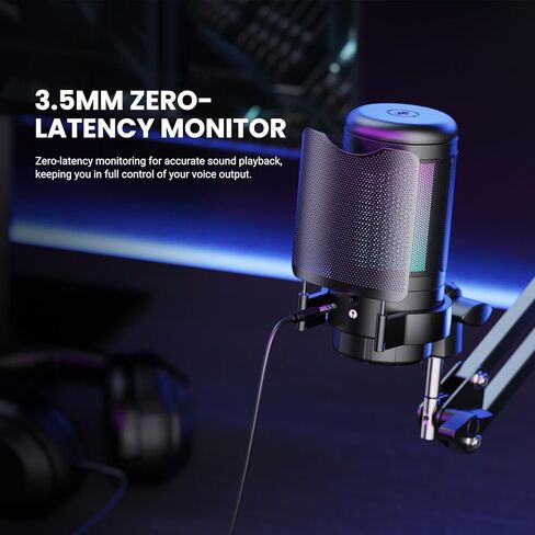 USB Gaming Microphone Kit, RGB Condenser Mic with Mute, Gain, Monitoring Adjustable Boom Arm Stand, Pop Filter, for Streaming, Podcasting, PC Gaming, YouTube, Compatible with PS4/PS5/Windows/Mac in Kuwait