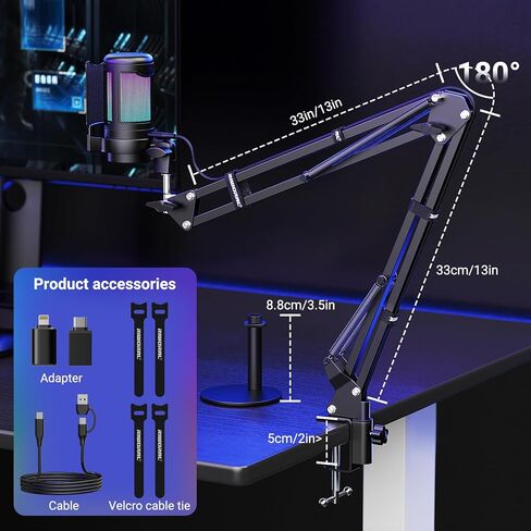 USB Gaming Microphone Kit, RGB Condenser Mic with Mute, Gain, Monitoring Adjustable Boom Arm Stand, Pop Filter, for Streaming, Podcasting, PC Gaming, YouTube, Compatible with PS4/PS5/Windows/Mac in Kuwait